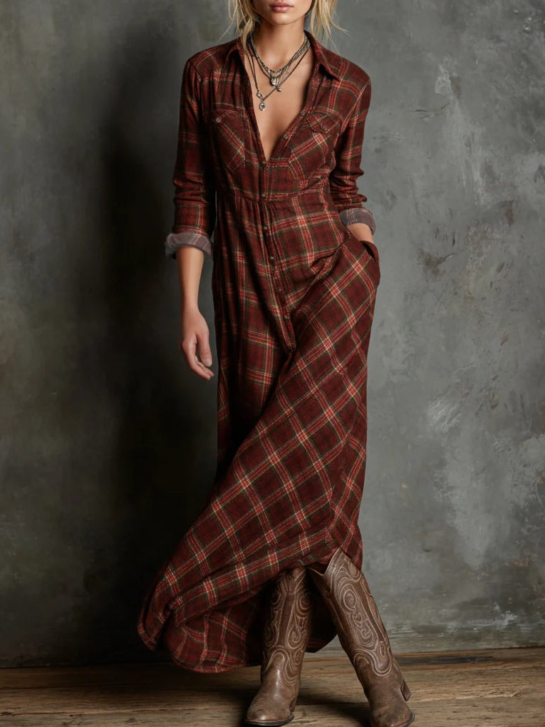 Adriela - Vestido Maxi Camisero de Cuadros