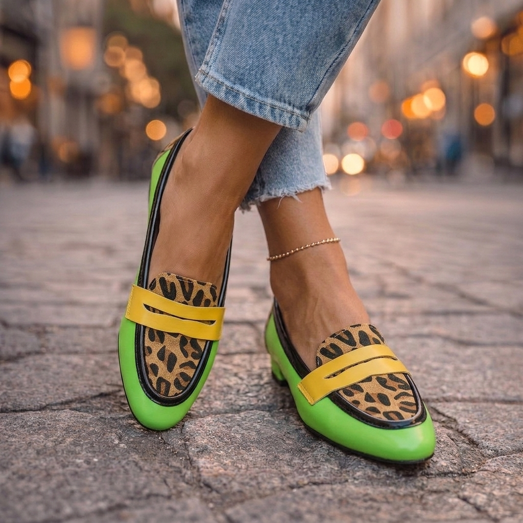 Rosalia - Mocasines Penny en Verde Hierba y Rojo Naranja