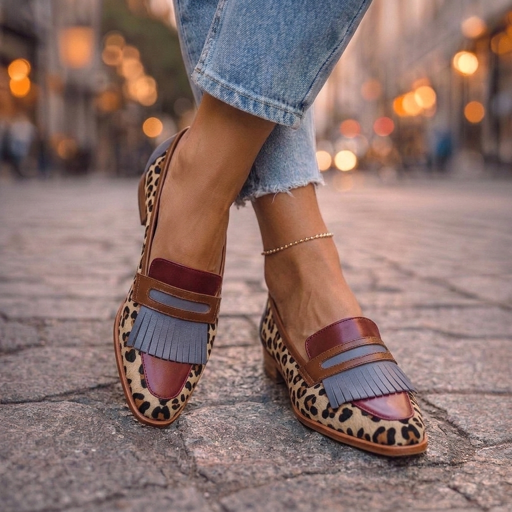 Bianca - Mocasines de Punta Cuadrada con Leopardo y Borlas