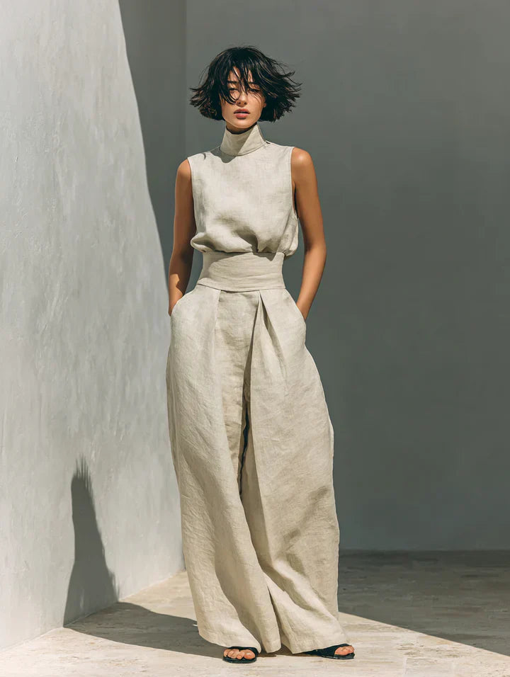 Flor - Conjunto Minimalista de Camiseta y Pantalón Ancho de Algodón y Lino