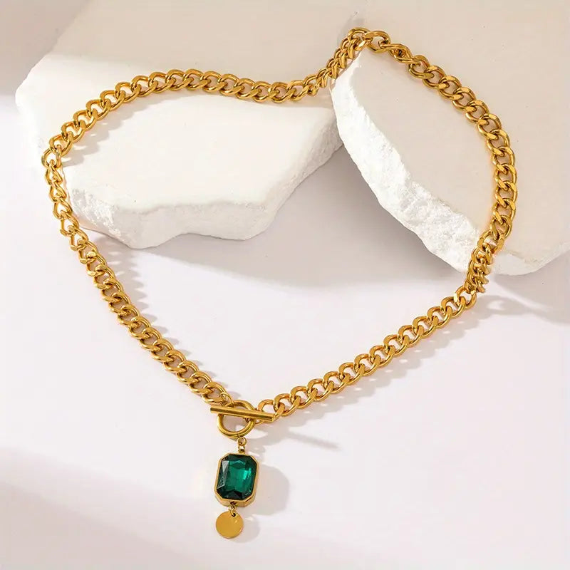 Laura - Collar con Colgante de Esmeralda y Cadena Gruesa | Dorado