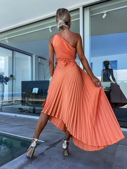 Irene - Vestido Midi Plisado con Un Solo Hombro