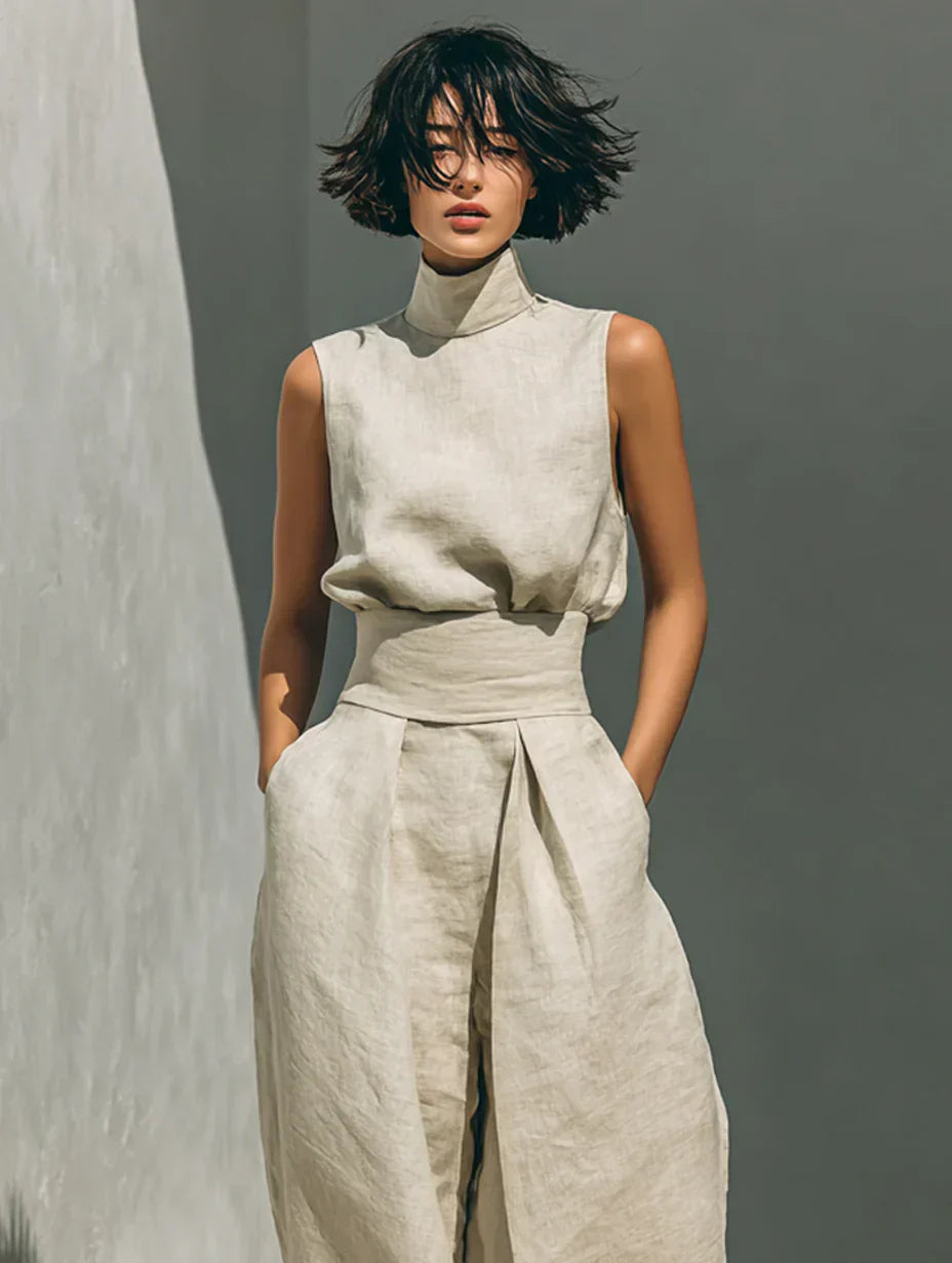 Flor - Conjunto Minimalista de Camiseta y Pantalón Ancho de Algodón y Lino