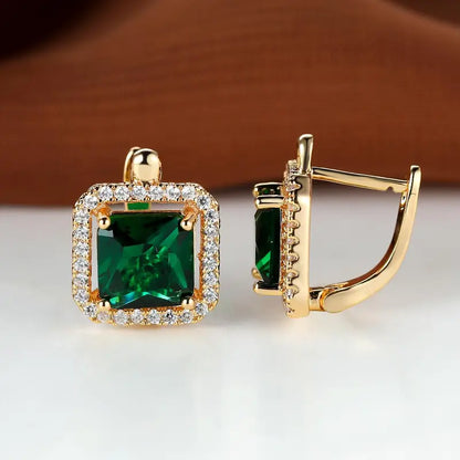Elisa - Pendientes de Circonita Verde Cuadrada | Dorado