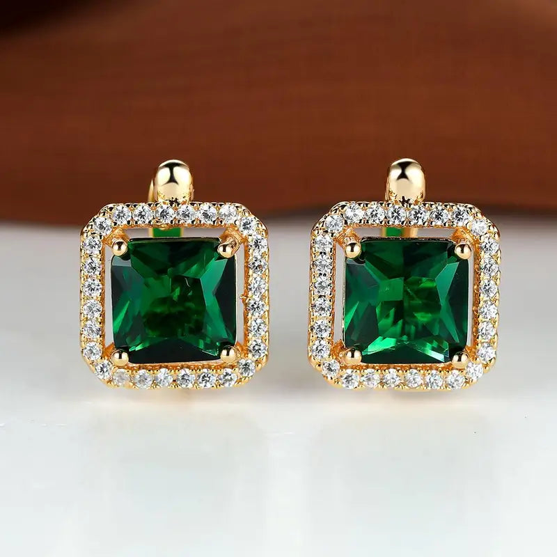 Elisa - Pendientes de Circonita Verde Cuadrada | Dorado