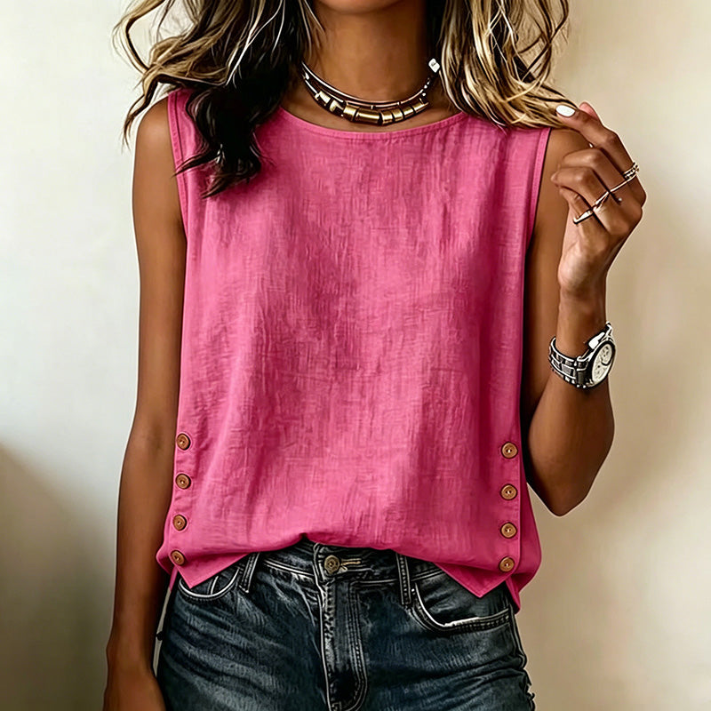 Nuria - Camiseta de Cuello Redondo Casual Holgada con Botones de Algodón y Lino Color Liso