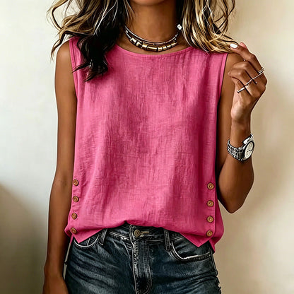 Nuria - Camiseta de Cuello Redondo Casual Holgada con Botones de Algodón y Lino Color Liso