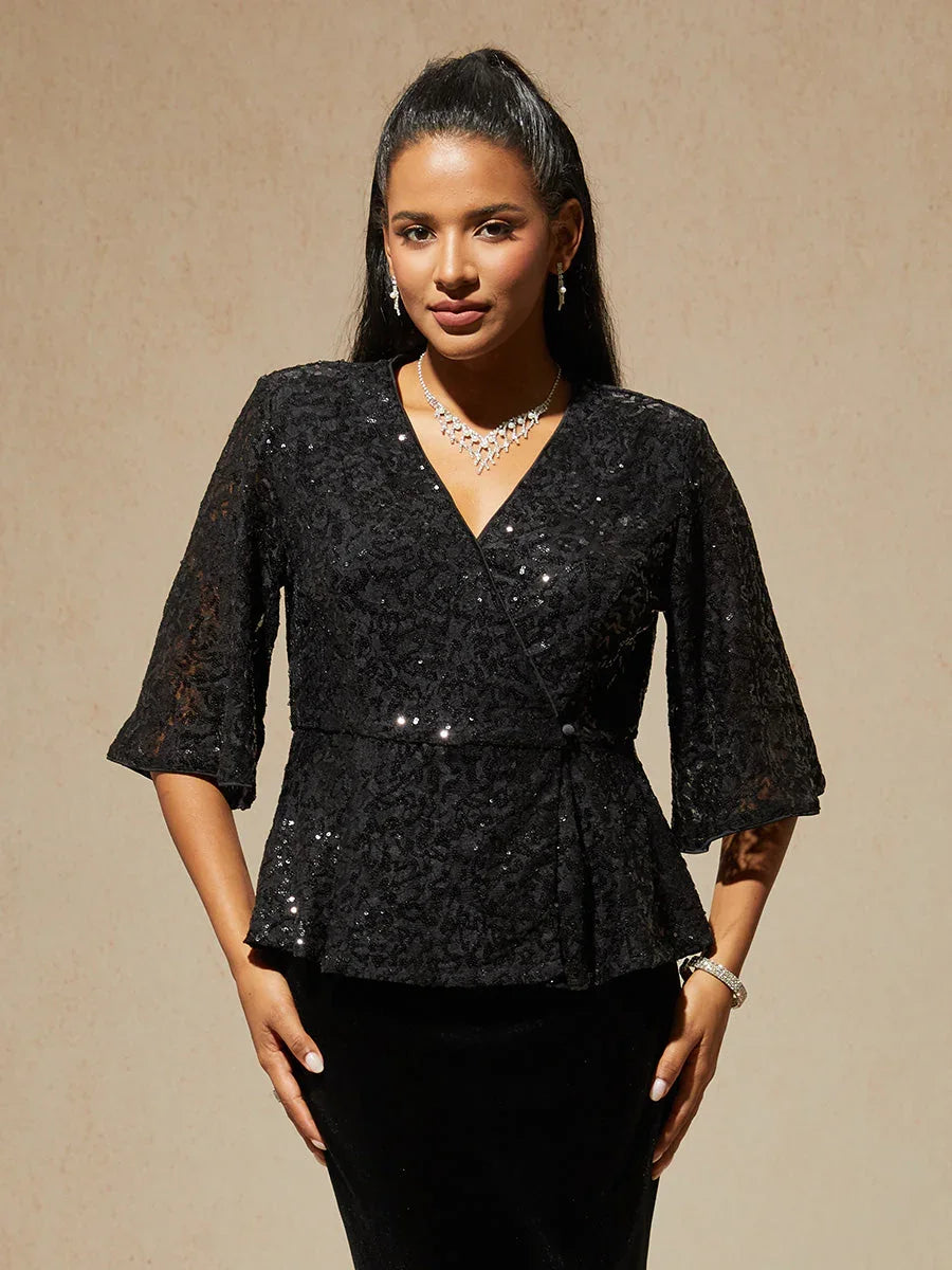 3/4 Sleeve Stretch Lace Blouse with Sequin Detail