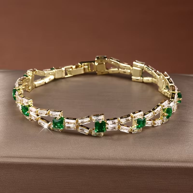 Camila - Pulsera de Tenis Verde Link | Dorado