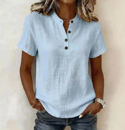 Flor - Blusa Casual con Mangas Cortas y Escote Henley