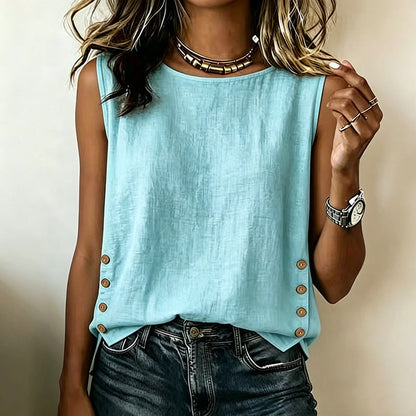 Nuria - Camiseta de Cuello Redondo Casual Holgada con Botones de Algodón y Lino Color Liso