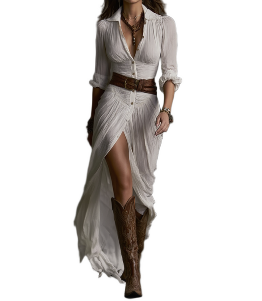 Adelina - Vestido de Lino con Cuello Solapado