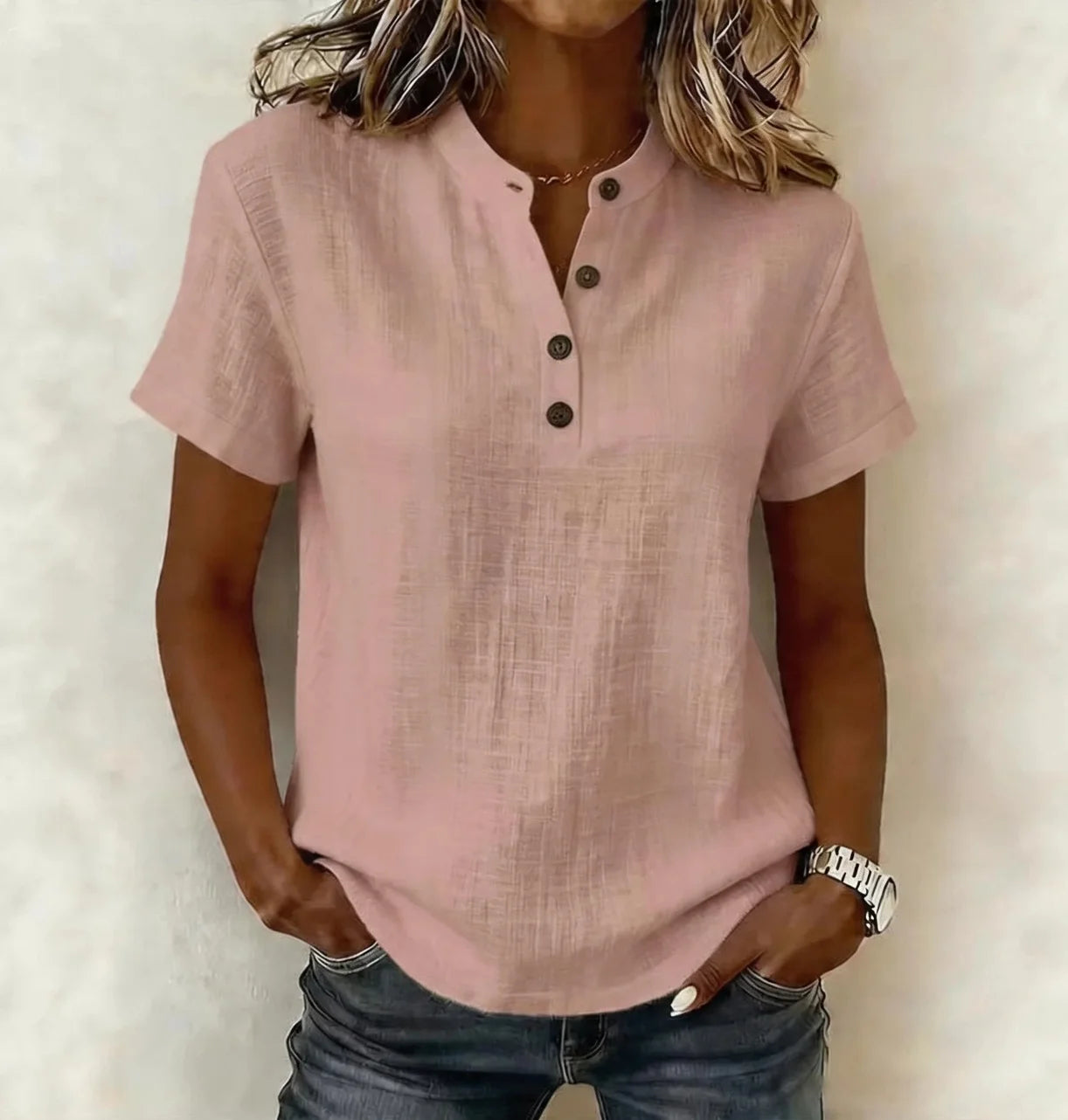 Flor - Blusa Casual con Mangas Cortas y Escote Henley
