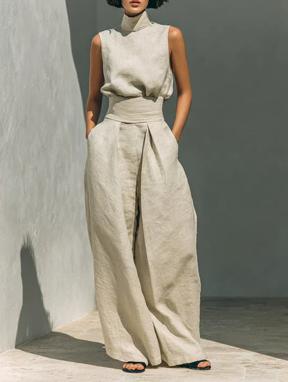 Flor - Conjunto Minimalista de Camiseta y Pantalón Ancho de Algodón y Lino