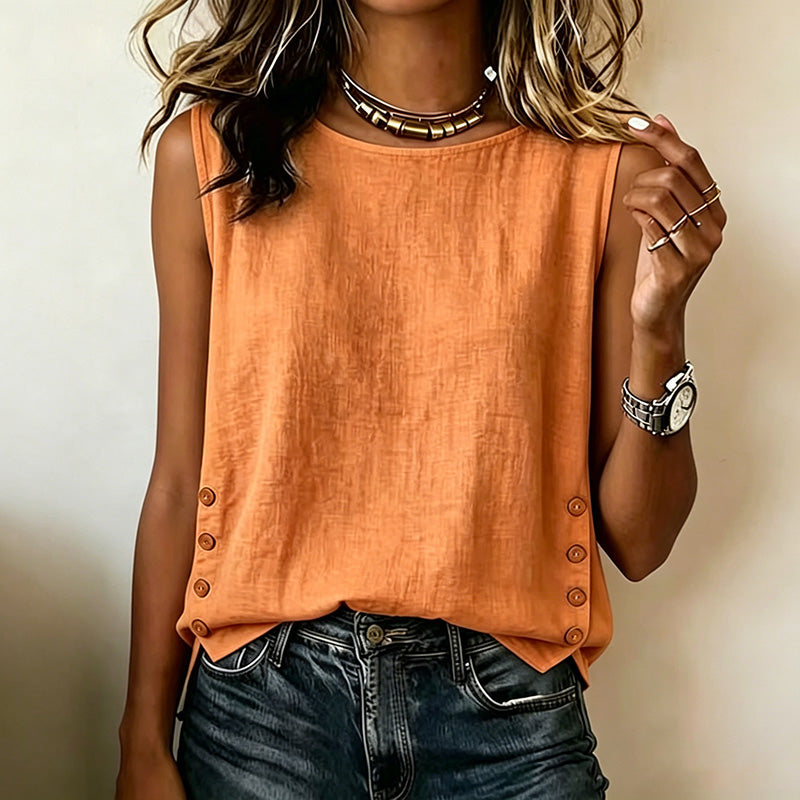 Nuria - Camiseta de Cuello Redondo Casual Holgada con Botones de Algodón y Lino Color Liso