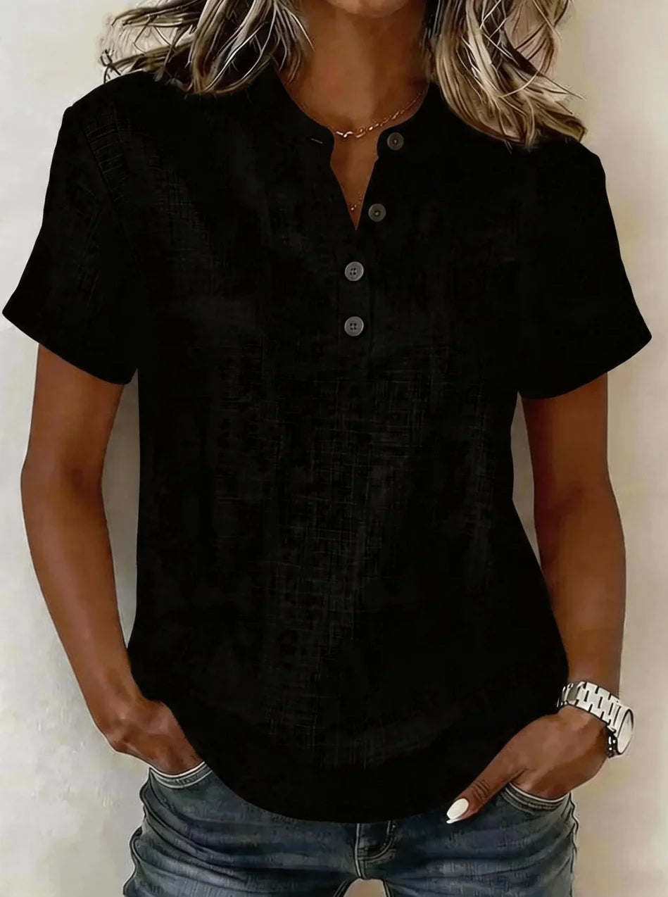 Flor - Blusa Casual con Mangas Cortas y Escote Henley