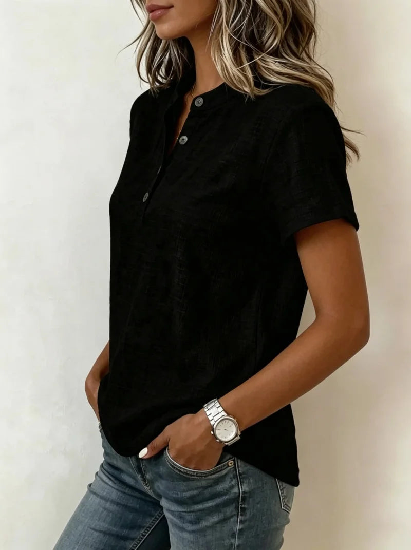 Flor - Blusa Casual con Mangas Cortas y Escote Henley