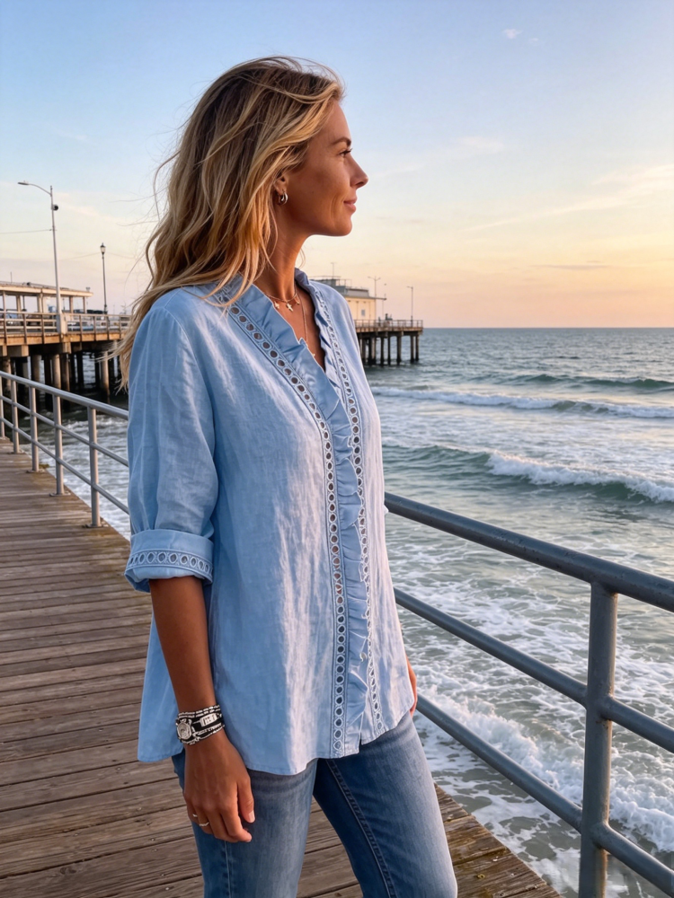 Ainhoa - Blusa con Cuello en V, Volantes y Bordado Calado