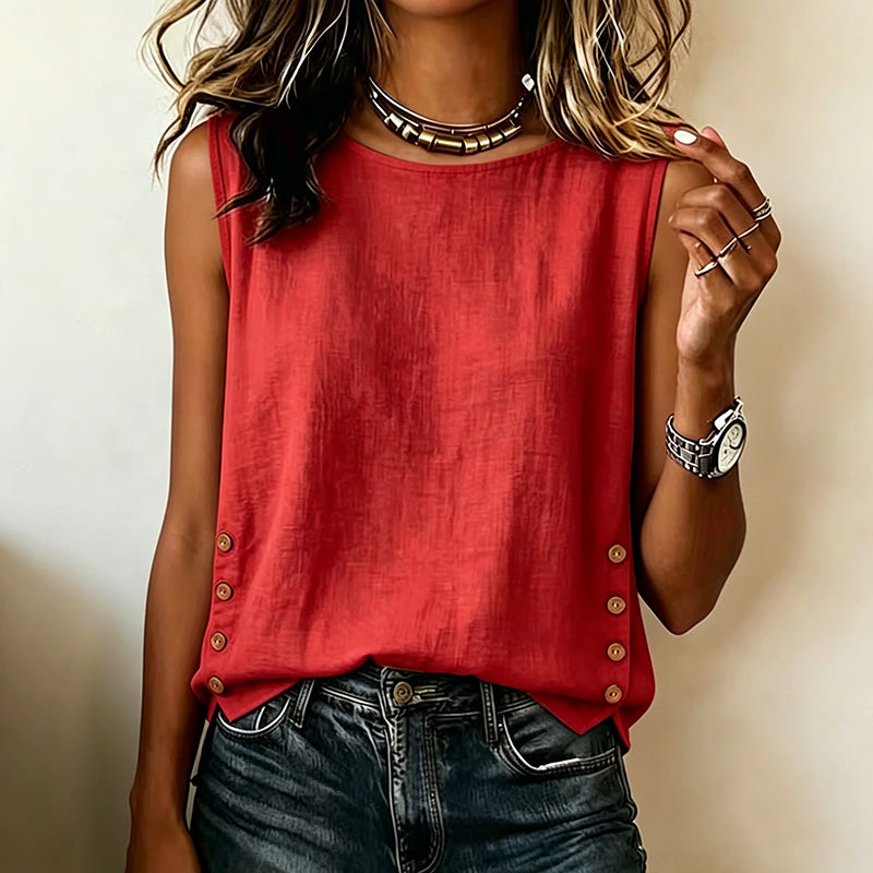 Nuria - Camiseta de Cuello Redondo Casual Holgada con Botones de Algodón y Lino Color Liso