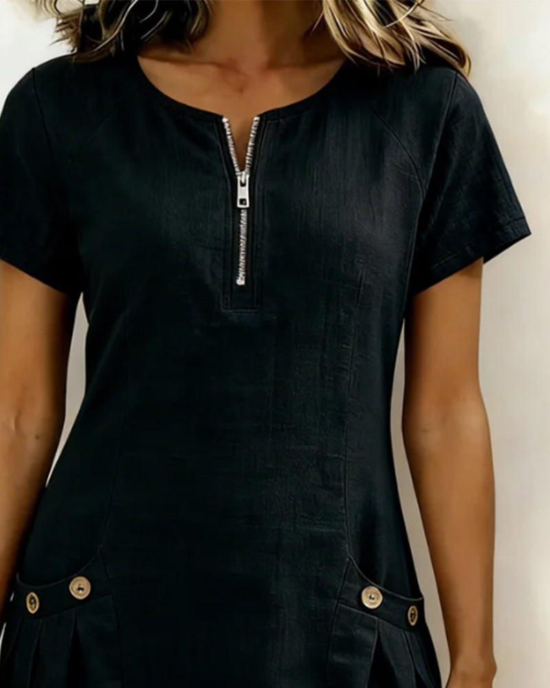 Elena - Vestido de Algodón con Bolsillo de Cremallera
