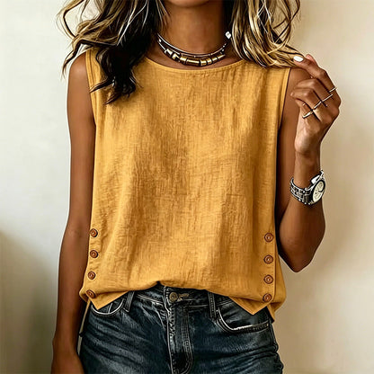 Nuria - Camiseta de Cuello Redondo Casual Holgada con Botones de Algodón y Lino Color Liso