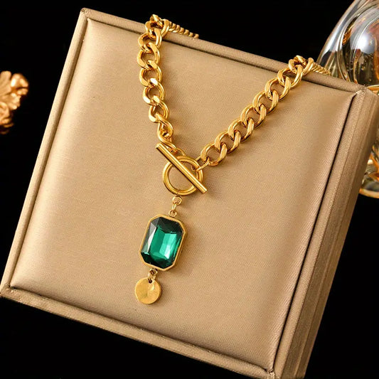 Laura - Collar con Colgante de Esmeralda y Cadena Gruesa | Dorado