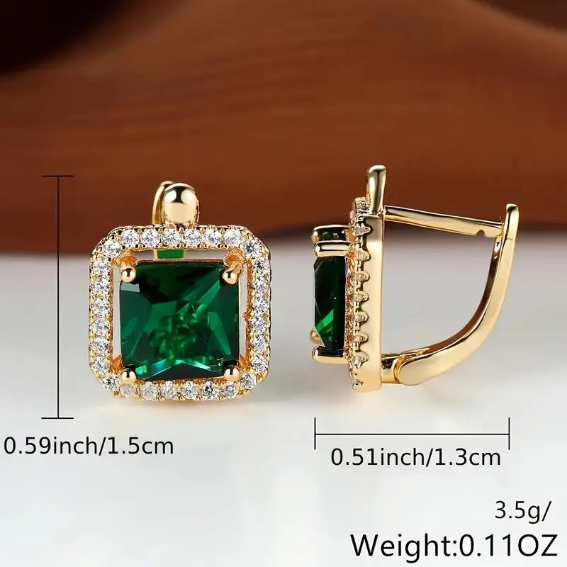 Elisa - Pendientes de Circonita Verde Cuadrada | Dorado