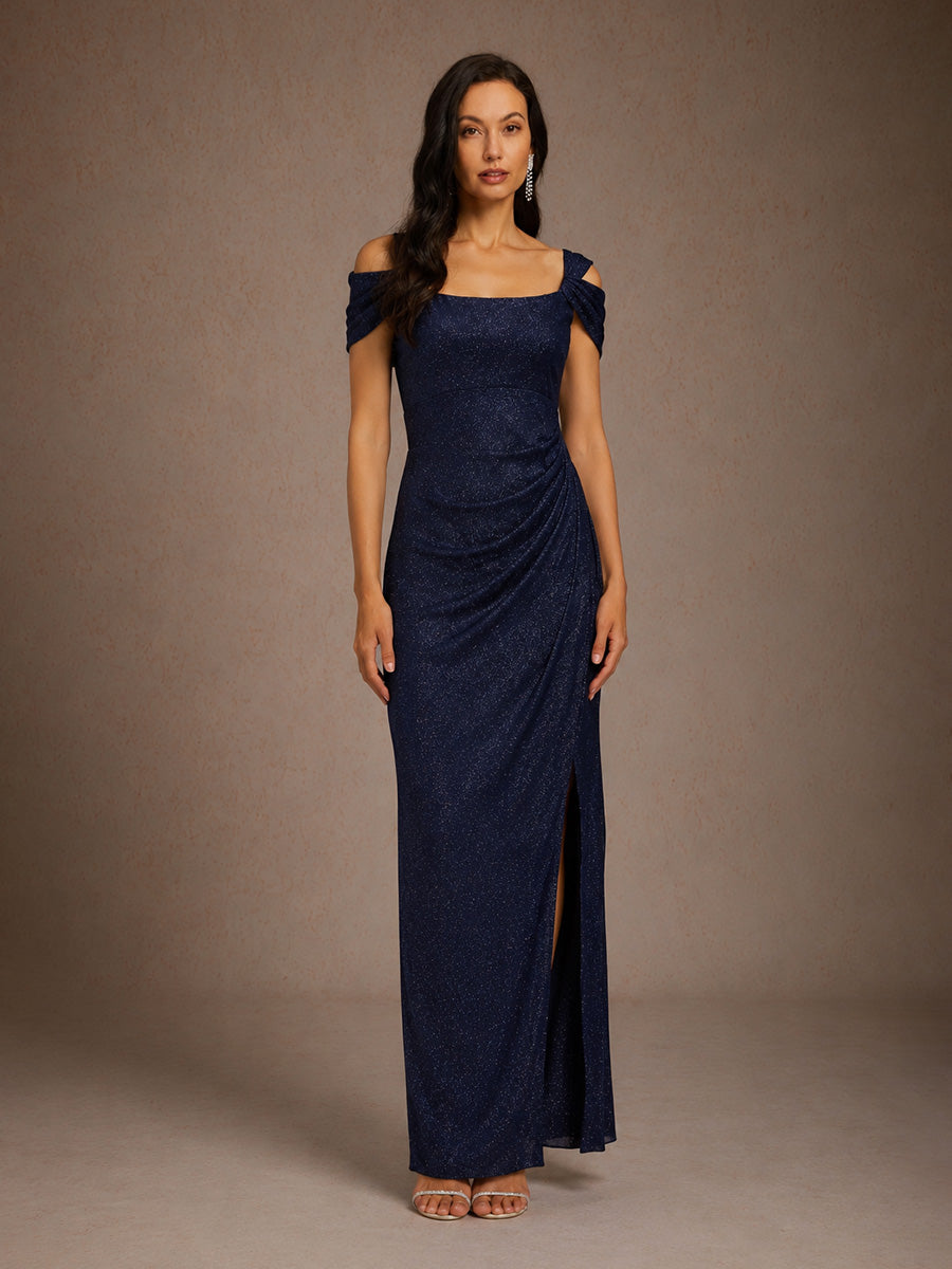Ankle-Length Cold Shoulder Glitter Mesh Dress