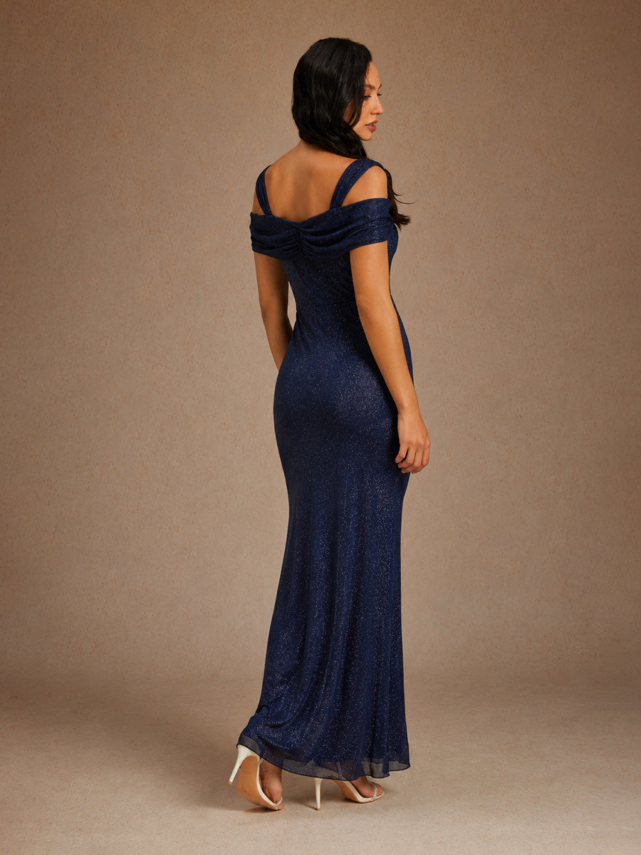 Ankle-Length Cold Shoulder Glitter Mesh Dress