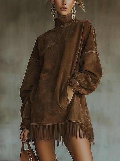 Greta - Vestido de Terciopelo con Cuello Alto y Flecos