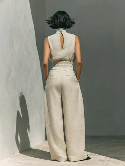 Flor - Conjunto Minimalista de Camiseta y Pantalón Ancho de Algodón y Lino