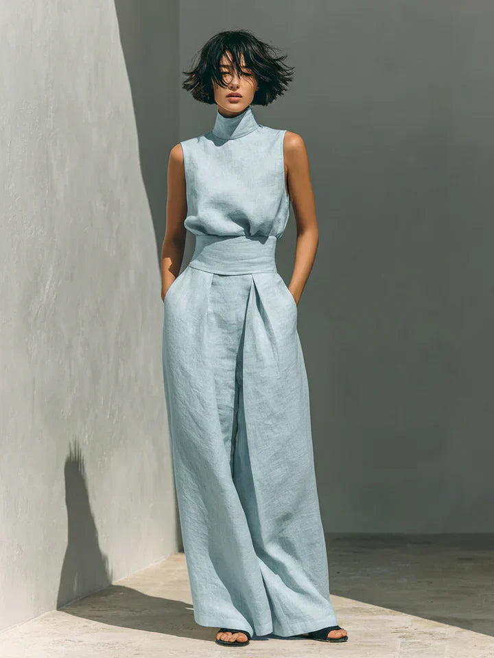 Flor - Conjunto Minimalista de Camiseta y Pantalón Ancho de Algodón y Lino
