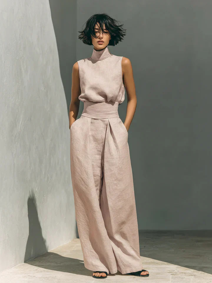 Flor - Conjunto Minimalista de Camiseta y Pantalón Ancho de Algodón y Lino