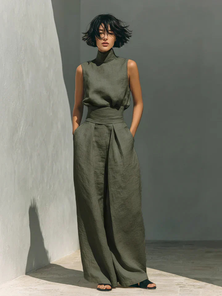 Flor - Conjunto Minimalista de Camiseta y Pantalón Ancho de Algodón y Lino