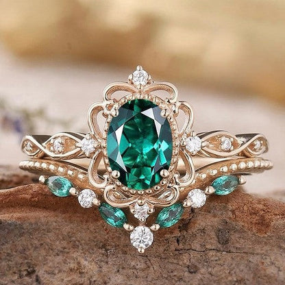 Olivia - Set de Anillos Corona de Esmeralda Aurelle | Oro Rosa