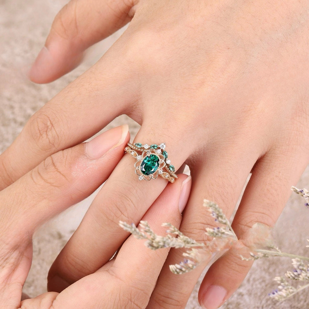 Olivia - Set de Anillos Corona de Esmeralda Aurelle | Oro Rosa