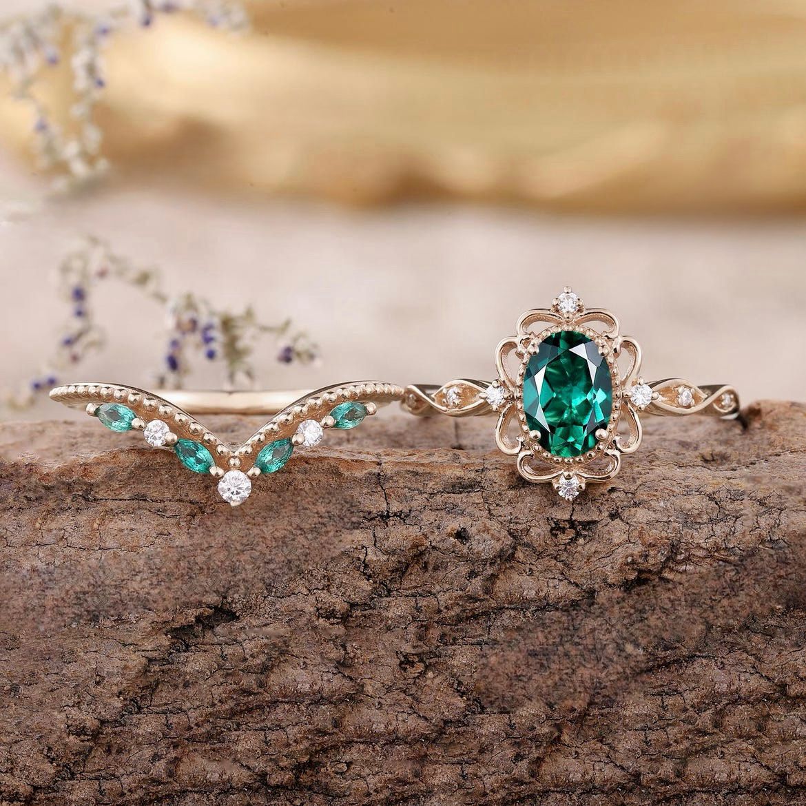 Olivia - Set de Anillos Corona de Esmeralda Aurelle | Oro Rosa