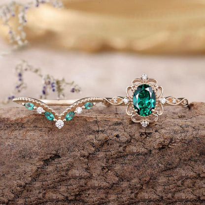 Olivia - Set de Anillos Corona de Esmeralda Aurelle | Oro Rosa