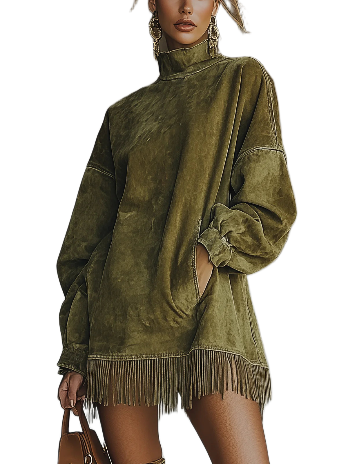 Greta - Vestido de Terciopelo con Cuello Alto y Flecos