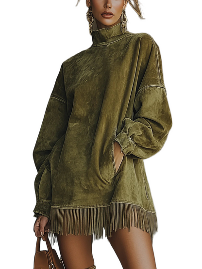 Greta - Vestido de Terciopelo con Cuello Alto y Flecos