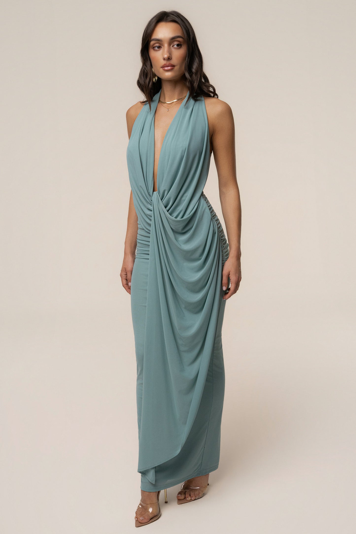 Alba - Vestido Largo con Escote Pronunciado - Color Verde Azulado
