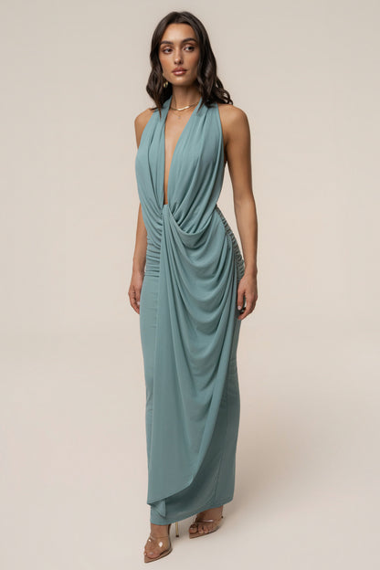 Alba - Vestido Largo con Escote Pronunciado - Color Verde Azulado