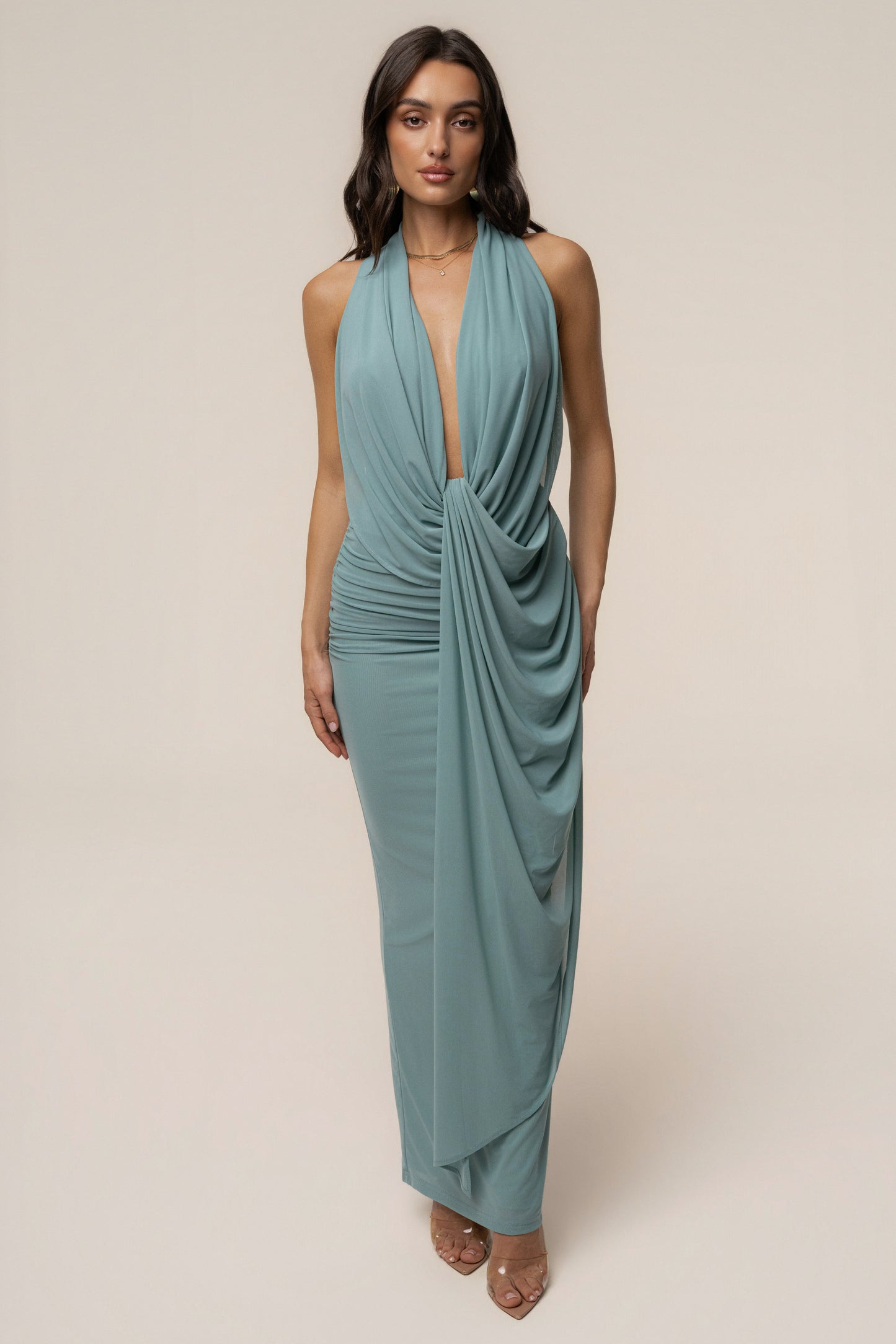 Alba - Vestido Largo con Escote Pronunciado - Color Verde Azulado