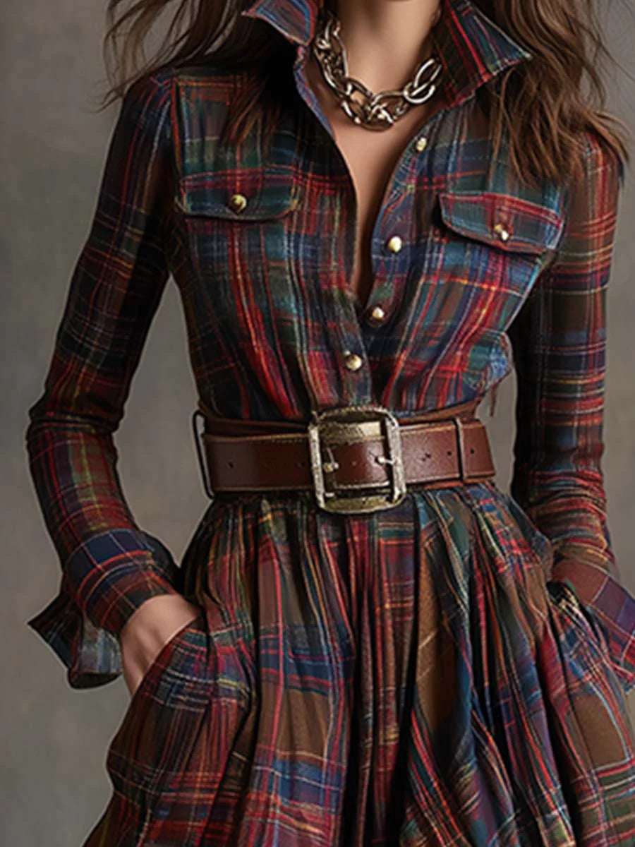 Bella - Vestido Maxi de Cuadros con Cinturón