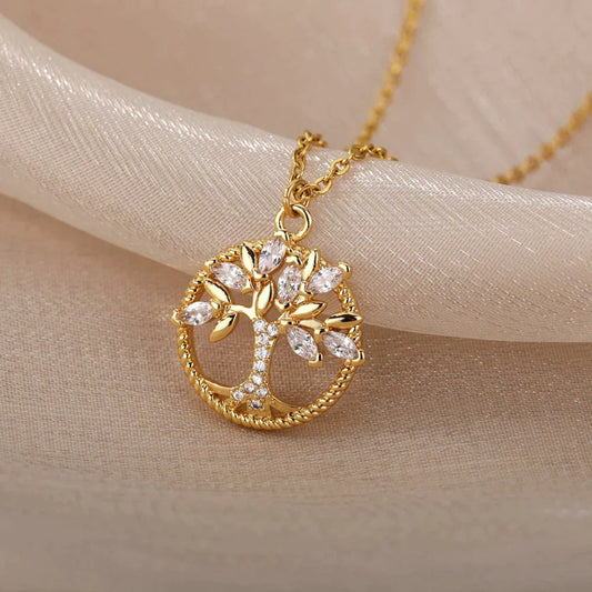 Nayara - Collar con Colgante de Árbol de la Vida en Oro con Cristales