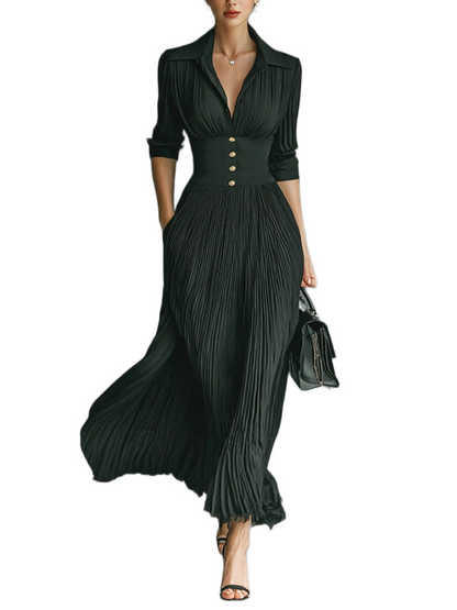 Elodia - Vestido Maxi Plisado con Cuello de Solapa
