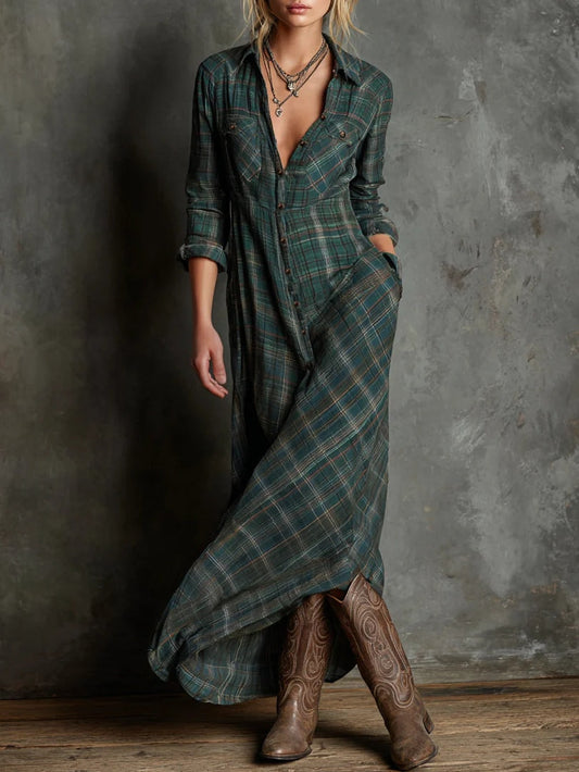 Adriela - Vestido Maxi Camisero de Cuadros
