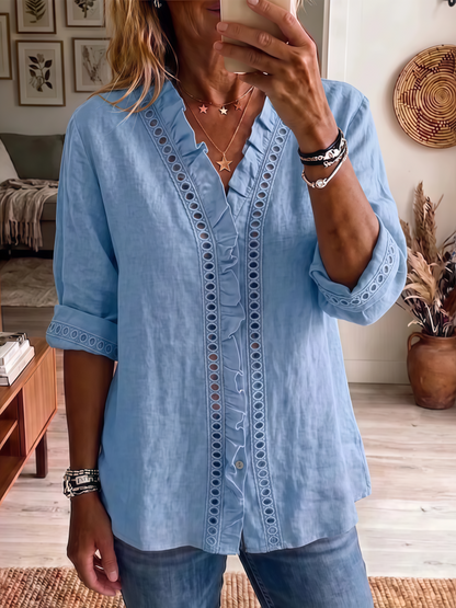 Ainhoa - Blusa con Cuello en V, Volantes y Bordado Calado