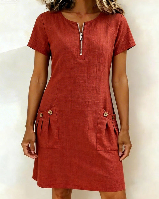 Elena - Vestido de Algodón con Bolsillo de Cremallera