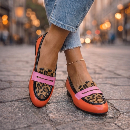 Rosalia - Mocasines Penny en Verde Hierba y Rojo Naranja